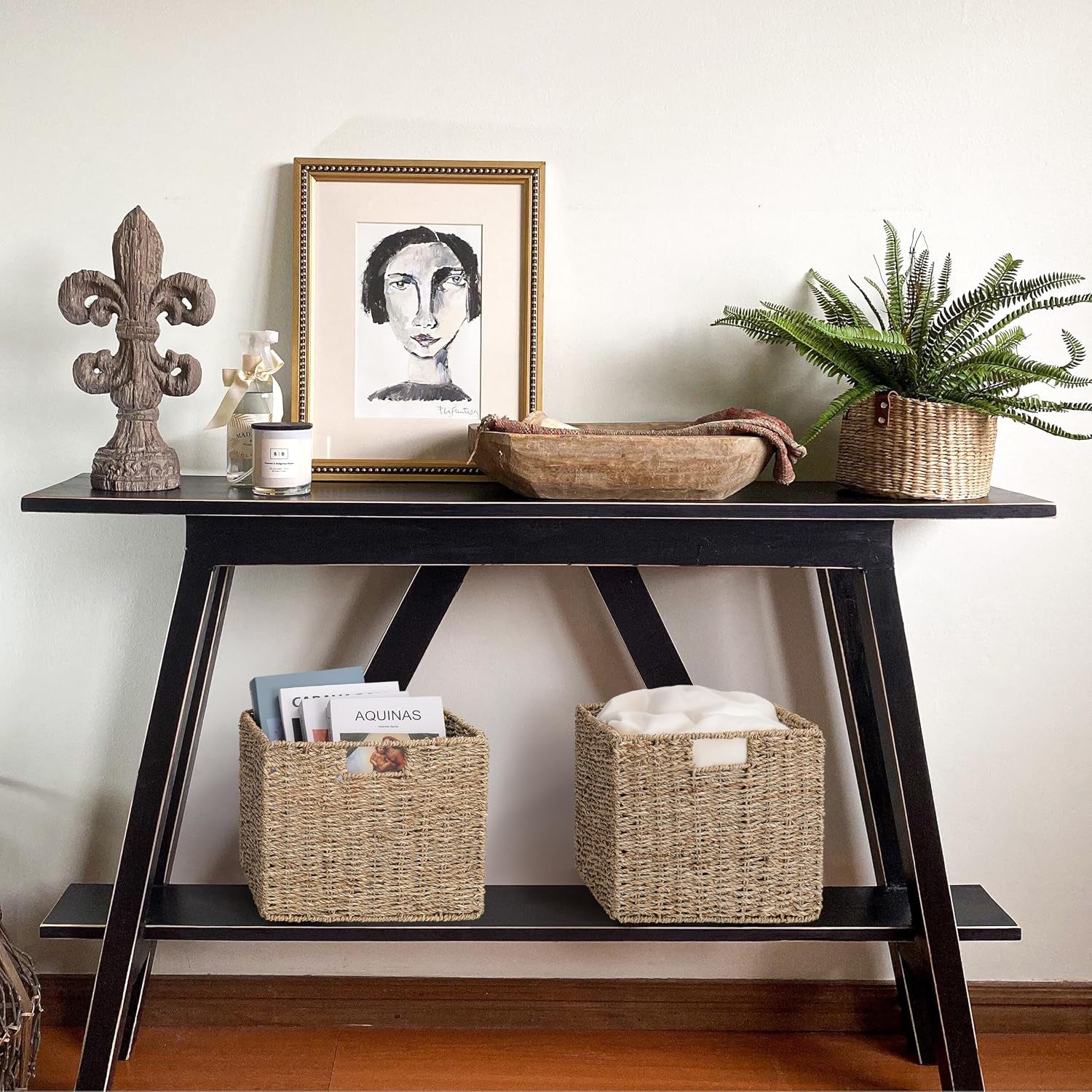12X12X10In Seagrass Storage Baskets Set of 4, Large Wicker Storage Basket, Decorative Seagrass Shelf Basket, Pantry Baskets Organization,Folding Storage Cube Bins