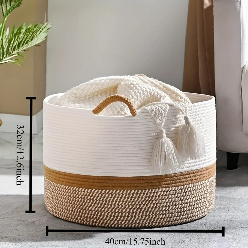 Large Blanket Basket,Woven Baskets for Storage Baby Laundry Hamper, Cotton Rope Blanket Basket for Living Room, Laundry