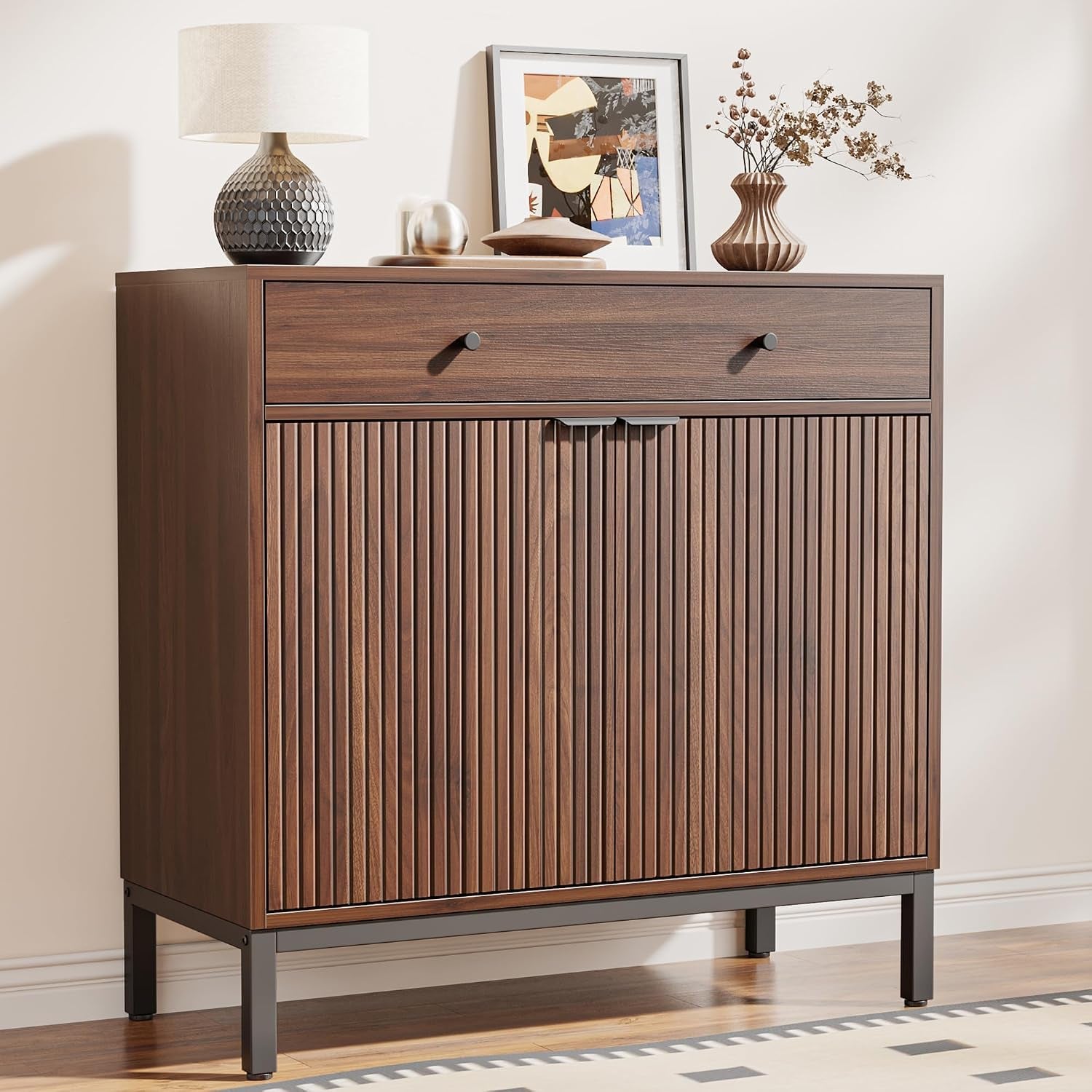 Sideboard Buffet Cabinet Storage, Modern Wood Console Fluted Credenza