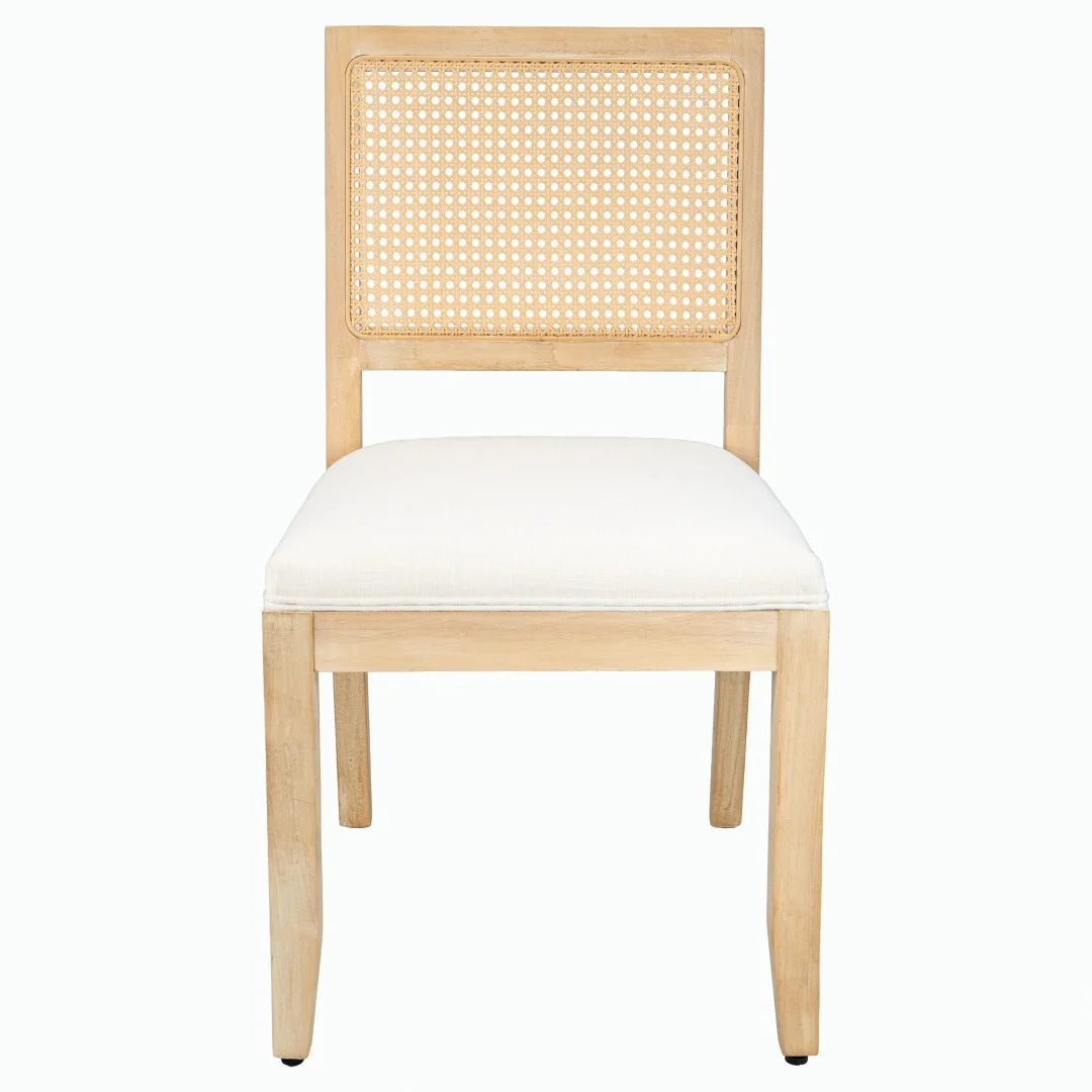 Farmhouse Rattan Dining Chairs Set of 2, Mid Century Modern Cane Kitchen Chairs with Natural Solid Wood Frame & Linen Upholstered Cushion, French Country Side Chairs for Dining Room Beige