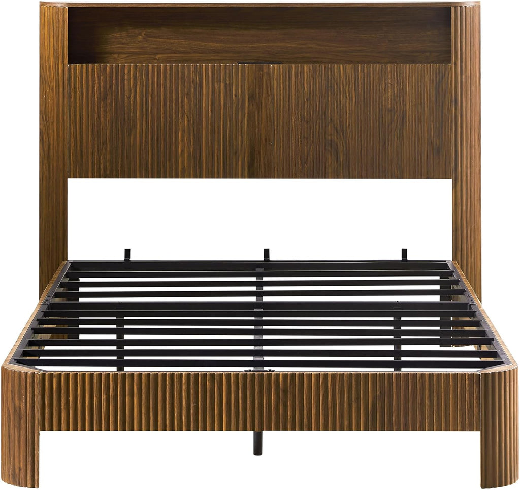 Full XL Bed Frame with Storage Headboard and Charging Station, Wavy Curved Design, Noise-Canceling, Metal Support, Walnut Finish, Full Extra Long Mattress Compatible, Walnut