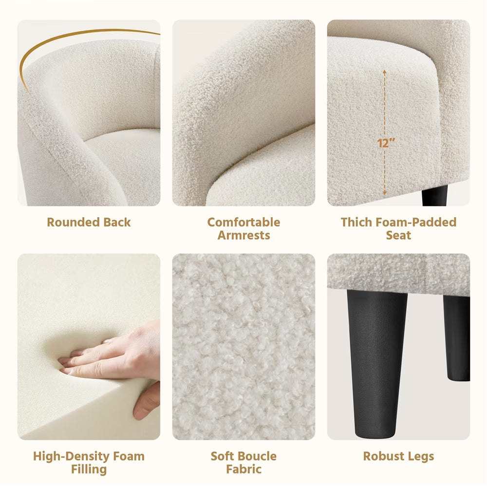 Upholstered Club Chair Boucle Accent Barrel Chair, Ivory