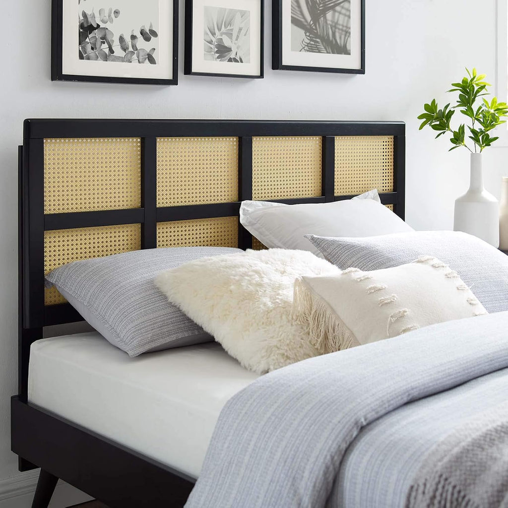 Black cane woven rattan queen headboard
