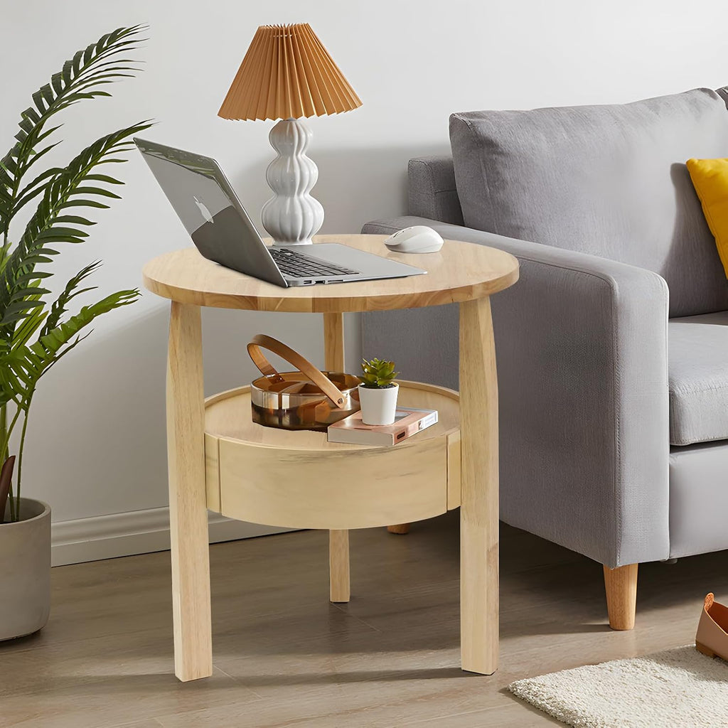 Round Coffee Table with Storage and Hidden Drawer - 20" D X 20" H Natural Wood Side Table with Sliding Drawer, Mid Century Modern Coffee Table, Small Coffee Table for Living Room, Natural Wood Color