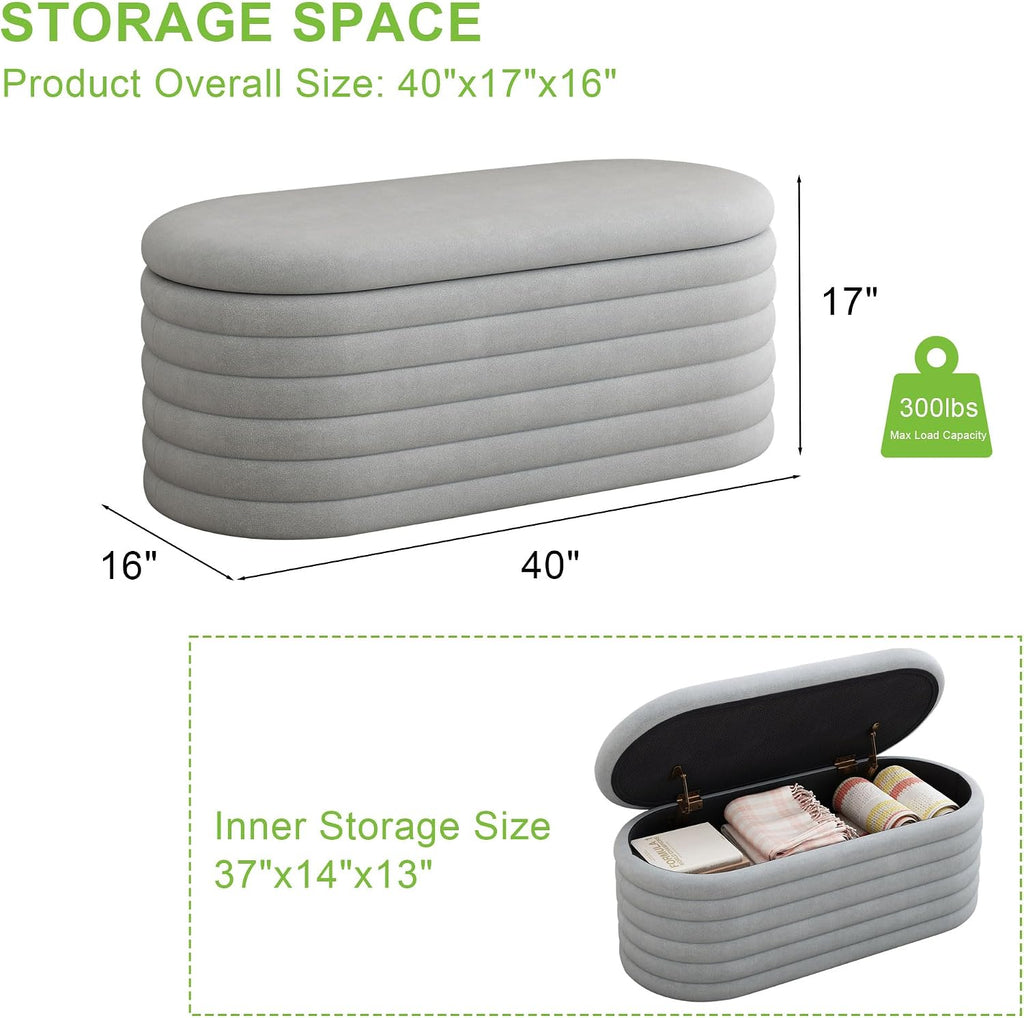 Storage Ottoman Bench,Chenille Upholstered Fabric Storage Bench for Bedroom End of Bed,Oval Ottoman with Storage & Safty Hinges,Entryway Bench for Living Room,Hallway,Front of Window,40"