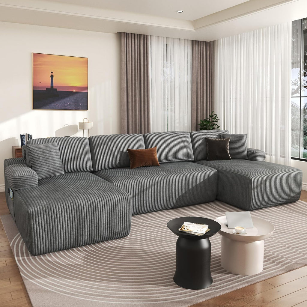 126" Oversized Cloud Couch, U-Shaped Boneless Sectional with Deep Seat Gray | Deep Seat Modular Sofa, Corduroy Boneless Sofa with Chaise, No Assembly Required