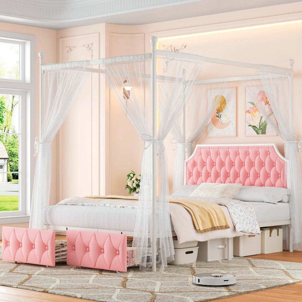 King Bed Frame with 3 Drawer, Canopy Bed Frame with Storage & Upholstered Headboard for Bedroom, Curtain Not Included, Beige