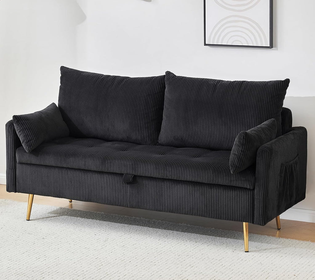 2 Seater Loveseat with Storage, 61" Corduroy Couch for Small Living Room, Bedroom, Tiny Homes & Lofts, Black