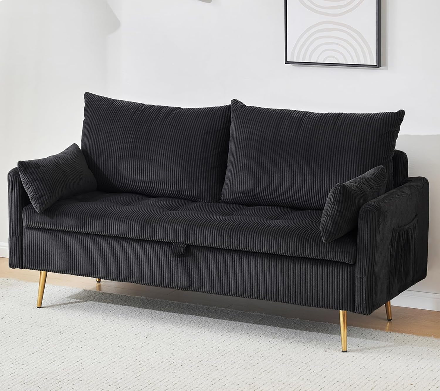 2 Seater Loveseat with Storage, 61" Corduroy Couch for Small Living Room, Bedroom, Tiny Homes & Lofts, Black