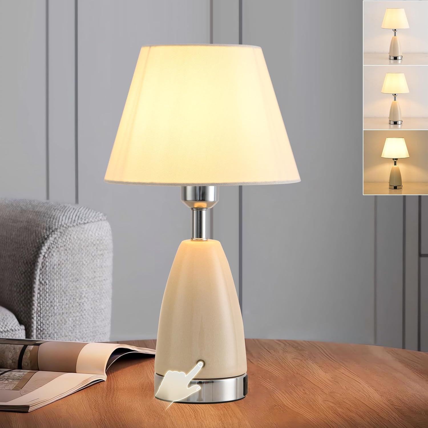 Farmhouse White Ceramic Table Lamp for Bedroom, Touch Dimmable Nightstand Lamps with Fabric Shade, 6W E26 Ceramic Lamp with USB a + C Port for Living Room Bedside Buffet