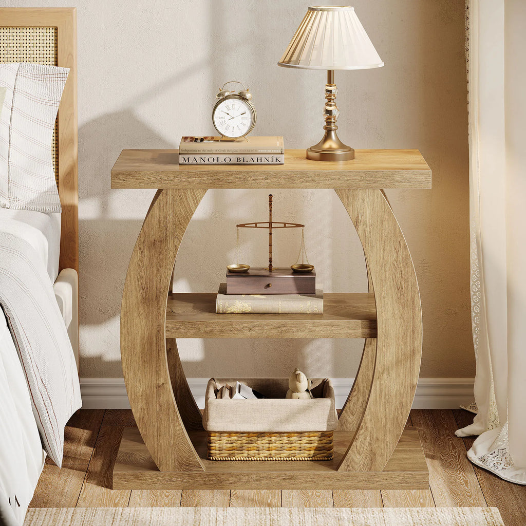 End Table for Living Room, 3-Tier Narrow Side Table with Storage, Farmhouse Wooden beside Table with Geometric Frame, Tall Nightstand for Bedroom, Small Spaces, Natural Oak