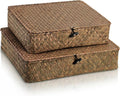 2 Pack Flat Wicker Woven Storage Bins with Lid and Wood Toggle, Natural Handmade Seagrass Basket Set, Rattan Organizer Bins for Shelf, Closet, Bedroom