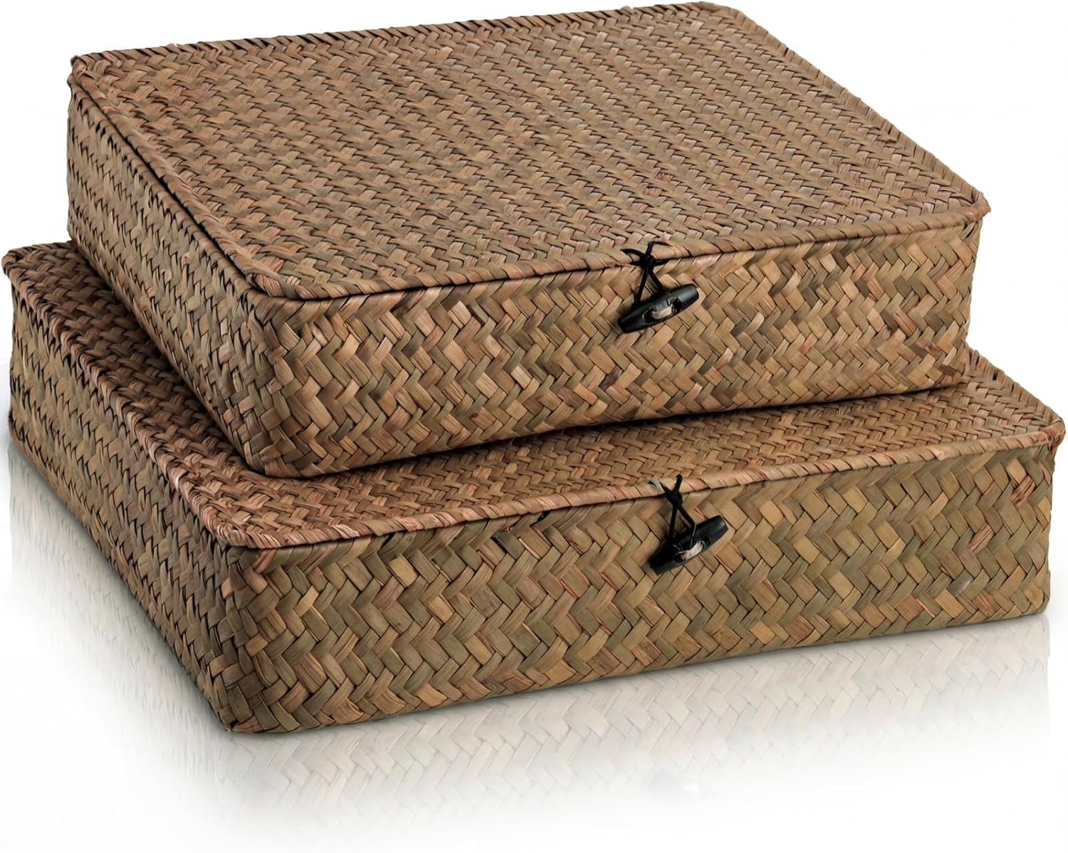 2 Pack Flat Wicker Woven Storage Bins with Lid and Wood Toggle, Natural Handmade Seagrass Basket Set, Rattan Organizer Bins for Shelf, Closet, Bedroom