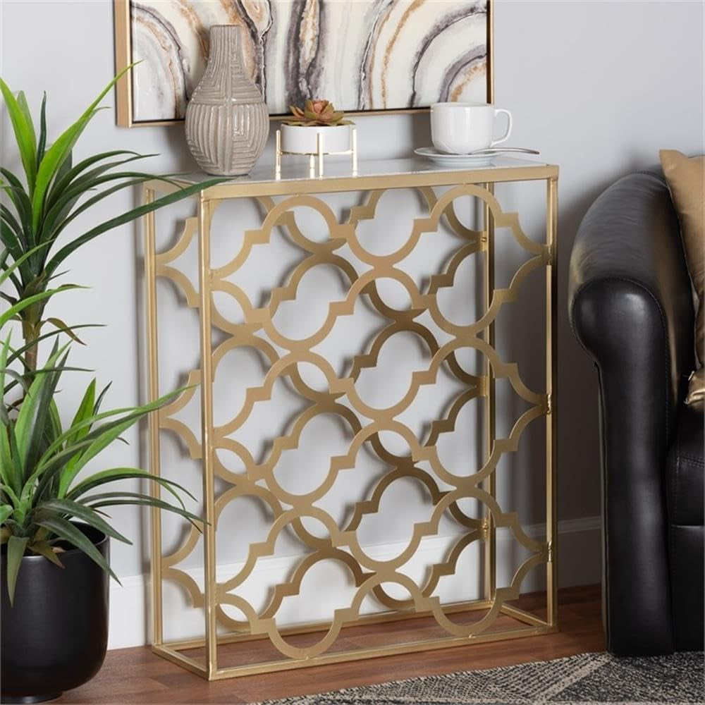 Calanthe Modern and Contemporary Gold Finished Metal Console Table with Marble Tabletop