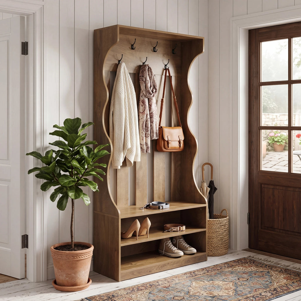 3-In-1 Coat Rack with Shoe Bench, 70.9" Tall Hall Tree with 7 Hooks, Farmhouse Entryway Coat Rack with 2 Tier Shoe Storage for Entryway, Living Room, Bedroom, Brown