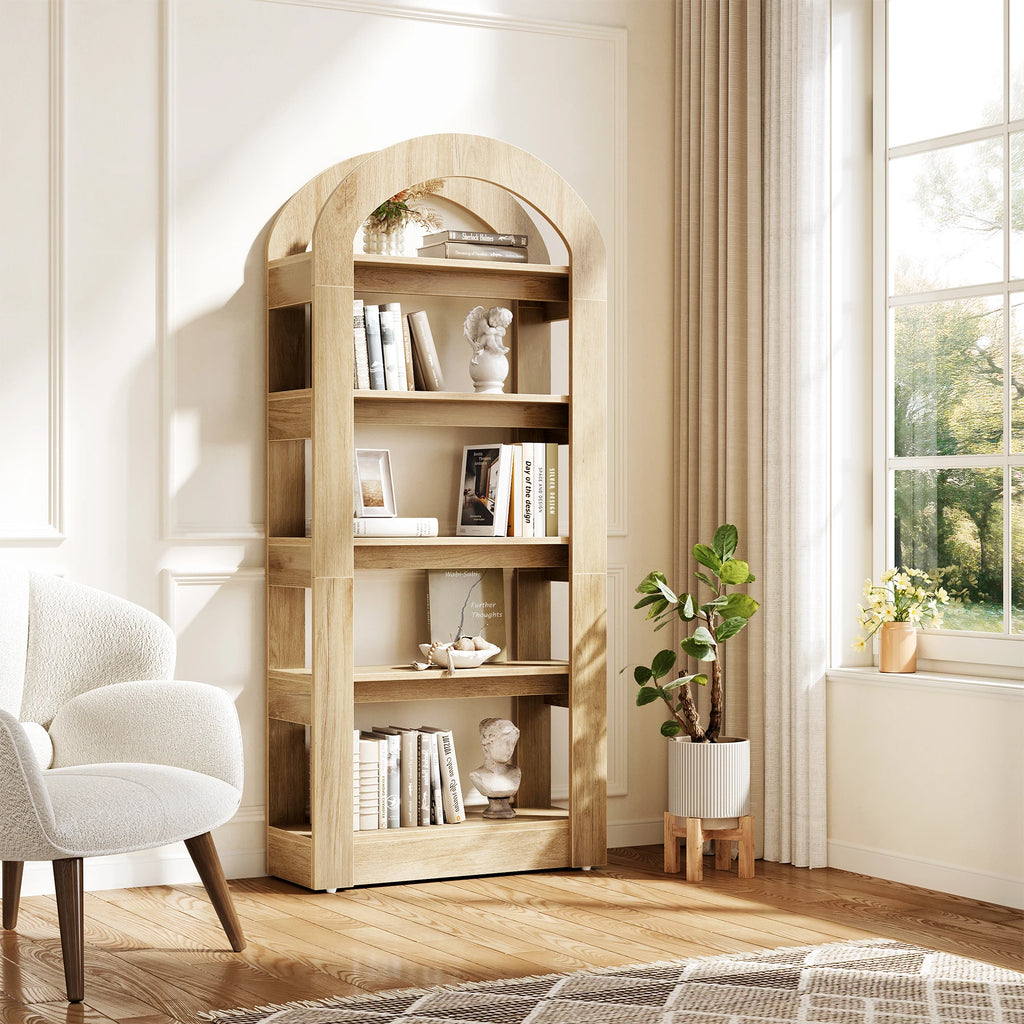 70.87” Tall Arched Bookshelf, Rustic Oak Bookcase with 5-Tier Storage, Modern Decorative Display Shelf for Living Room, Bedroom, Office (31.5” W X 11.81” D)