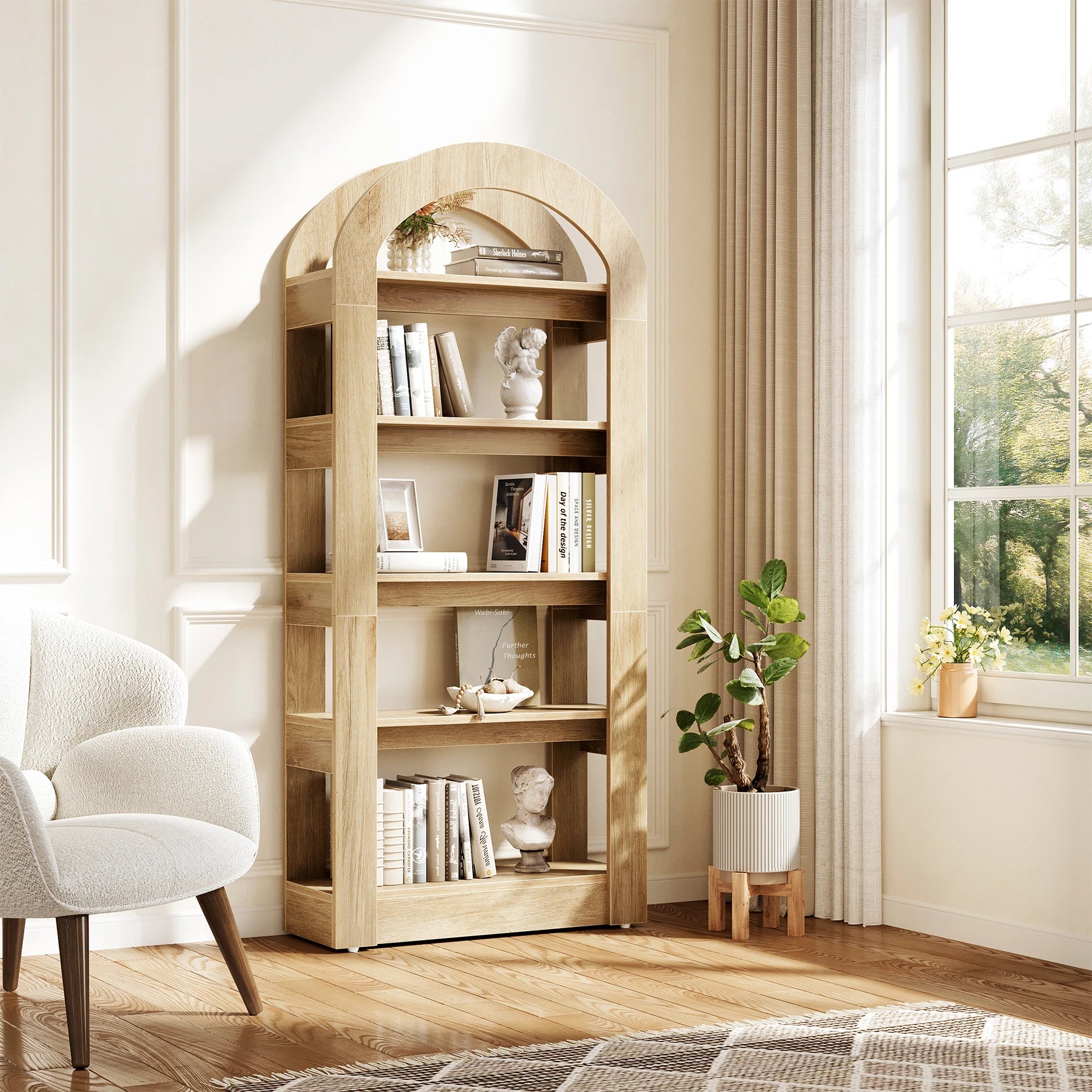 70.87” Tall Arched Bookshelf, Rustic Oak Bookcase with 5-Tier Storage, Modern Decorative Display Shelf for Living Room, Bedroom, Office (31.5” W X 11.81” D)