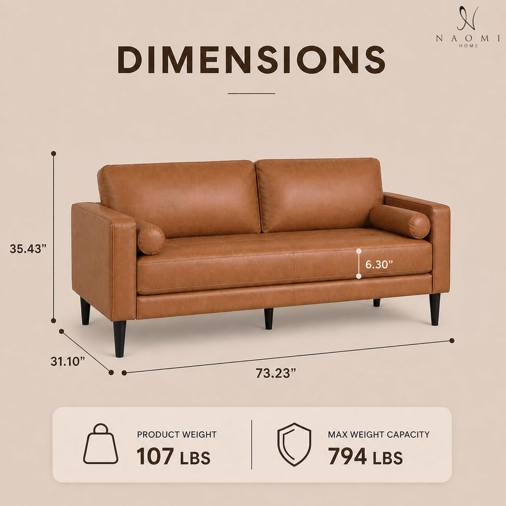 Marisa Genuine Leather Mid-Century Modern Sofa, Tan | Removable Cushions, Matching Bolster Pillows, Plush Foam Comfort, Sturdy Hardwood Frame, Spacious 3-Seater Seating