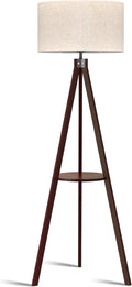 Shelf Floor Lamp Tripod Mid Century Modern Lamps for Living Room | Light-Diffusing Linen Shade, Premium Rubberwood, E26 Base, Foot Switch, Adding Warmth to Bedroom, Office & Corner Walnut