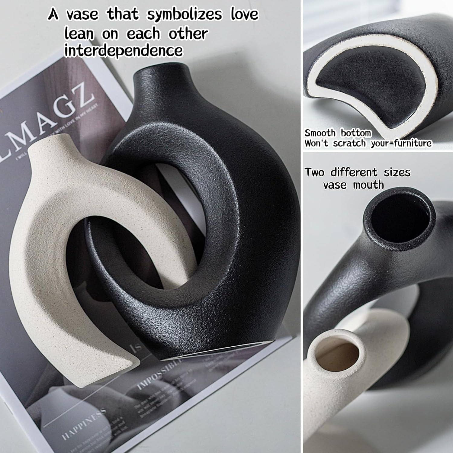 Black and Off-White Snuggle Hollow Ceramic Vase Set of 2 | Nordic Minimalist Aesthetic Snuggle Vases for Table Centerpiece Dining Living Room Book Shelf Decoration (W 6.3" X H 8.4")