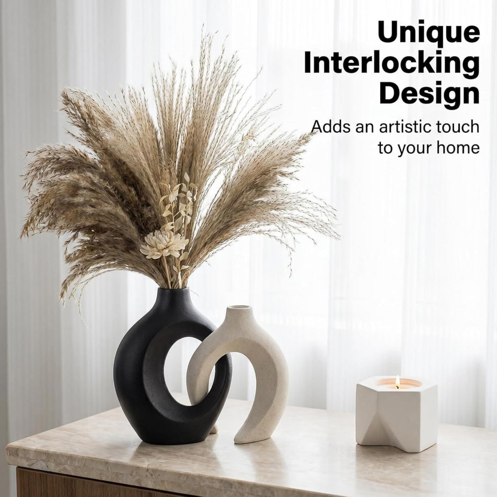Black and Off-White Snuggle Hollow Ceramic Vase Set of 2 | Nordic Minimalist Aesthetic Snuggle Vases for Table Centerpiece Dining Living Room Book Shelf Decoration (W 6.3" X H 8.4")