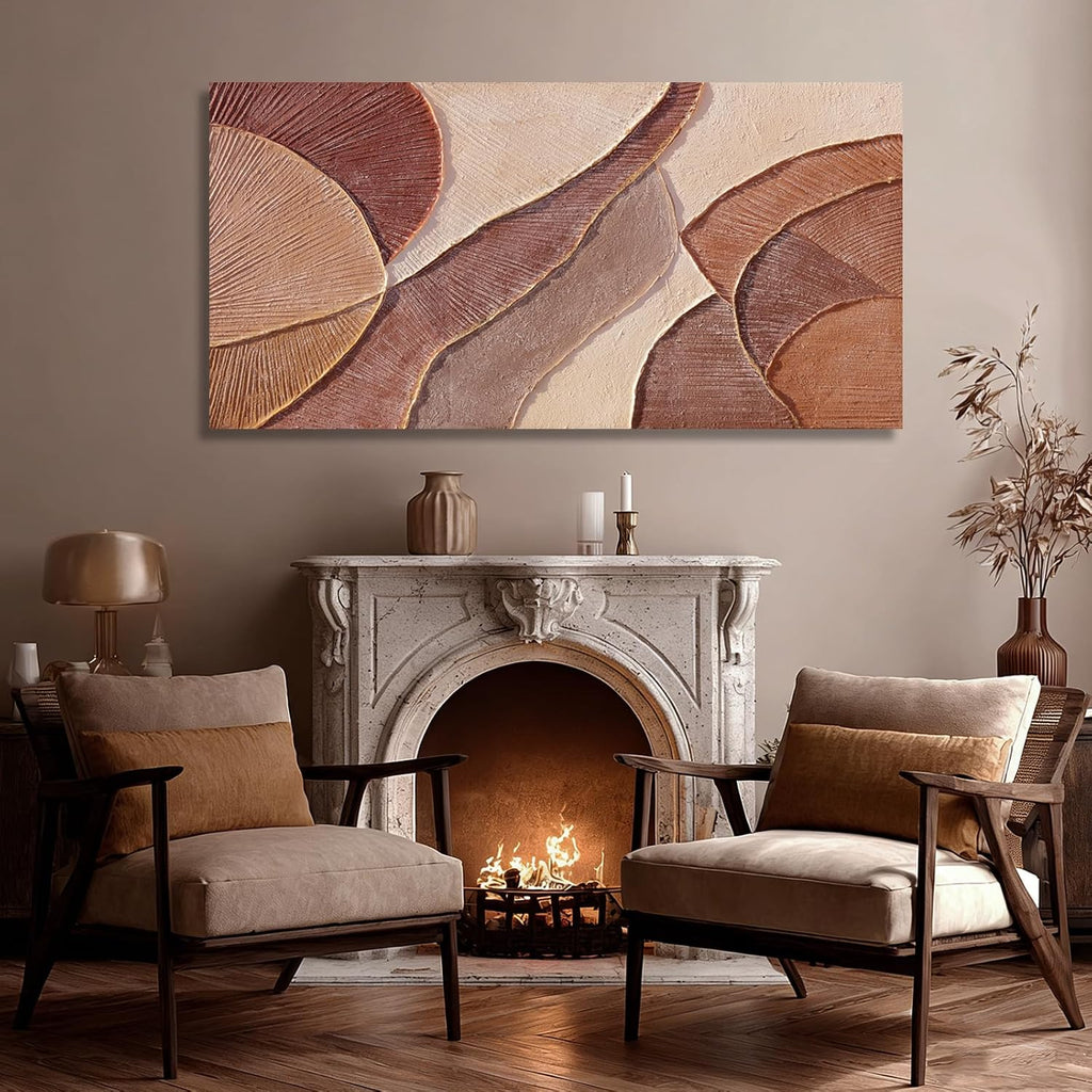 Brown Beige Abstract Wall Art, Hand Painted Oil Painting for Office, Large Textured Horizontal Wall Decor for Living Room Bedroom, 24X48 Inch