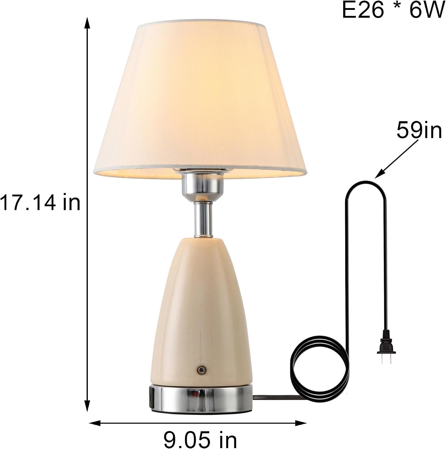 Farmhouse White Ceramic Table Lamp for Bedroom, Touch Dimmable Nightstand Lamps with Fabric Shade, 6W E26 Ceramic Lamp with USB a + C Port for Living Room Bedside Buffet