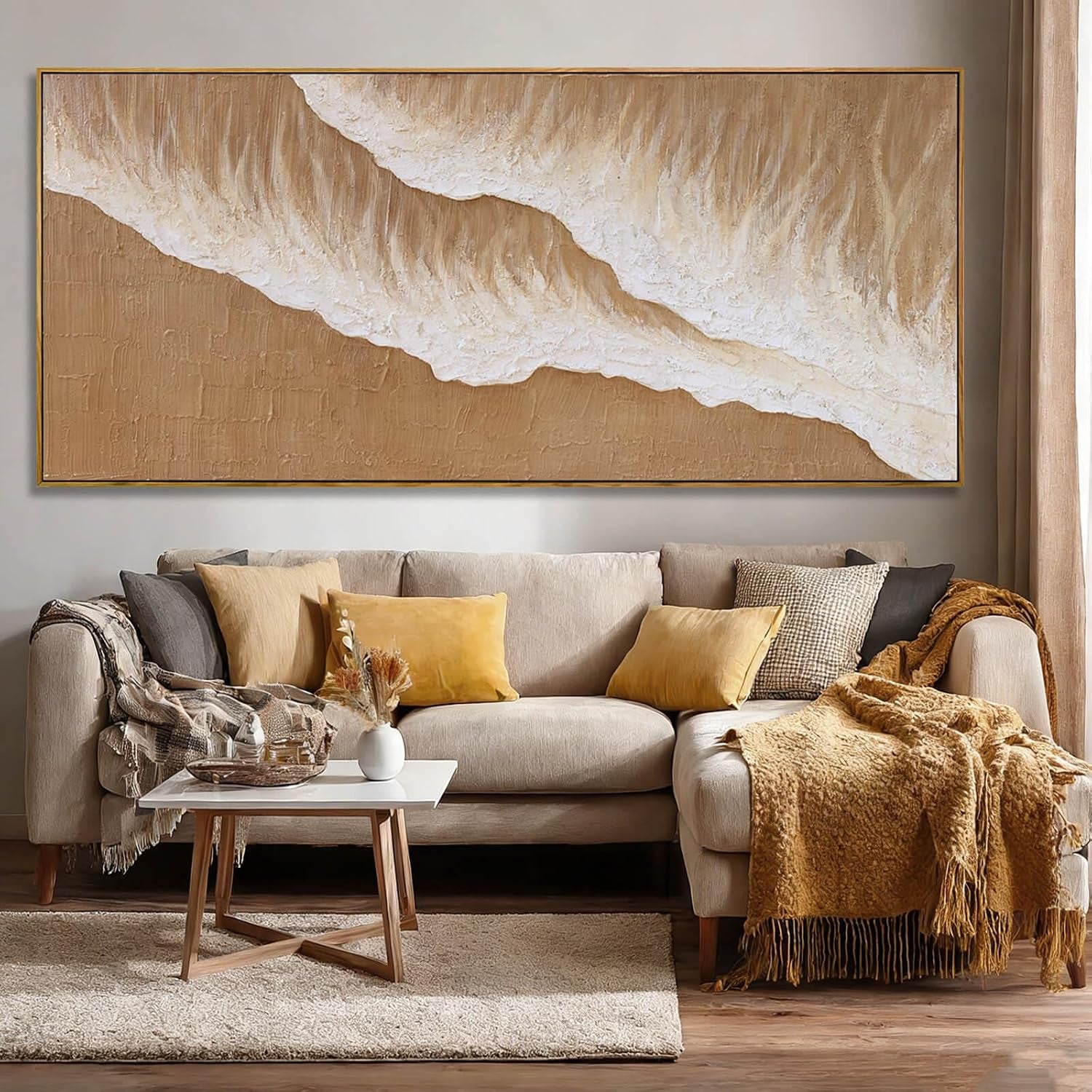 Beige Cream Neutral Abstract Wall Art, 32X70 Inch Large Framed Canvas Wall Art, Modern Horizontal Printed Artwork with Wooden Frame for Living Room