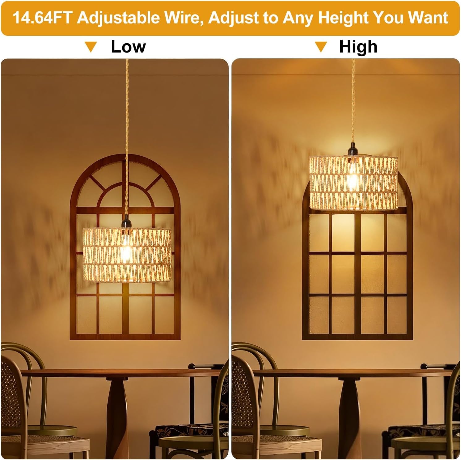 Wicker Pendant Light Plug In, Hand-Woven Jute Swag Light with Adjustable Cord, Boho Plug in Pendant Light Rattan Hanging Lamp for Living Room, Dining Room, Corridor Foyer, Gift Use(Nobulb)