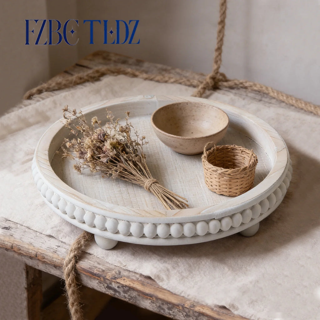 FZBCTLDZ 12" round Decorative Tray for Coffee Table, White Distressed Farmhouse Wood Tray with Beaded Rim, Rustic Home Decor Centerpiece Tray
