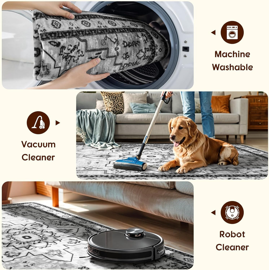 Machine Washable Rug Soft Pet Friendly Carpet 2X3 Gray | Persian Rug 2X3 for Entryway, Kitchen, Bathroom Non Slip Carpet, Foldable Stain Resistant Rugs