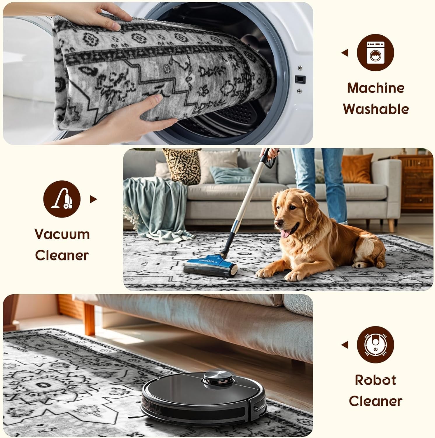 Machine Washable Rug Soft Pet Friendly Carpet 2X3 Gray | Persian Rug 2X3 for Entryway, Kitchen, Bathroom Non Slip Carpet, Foldable Stain Resistant Rugs