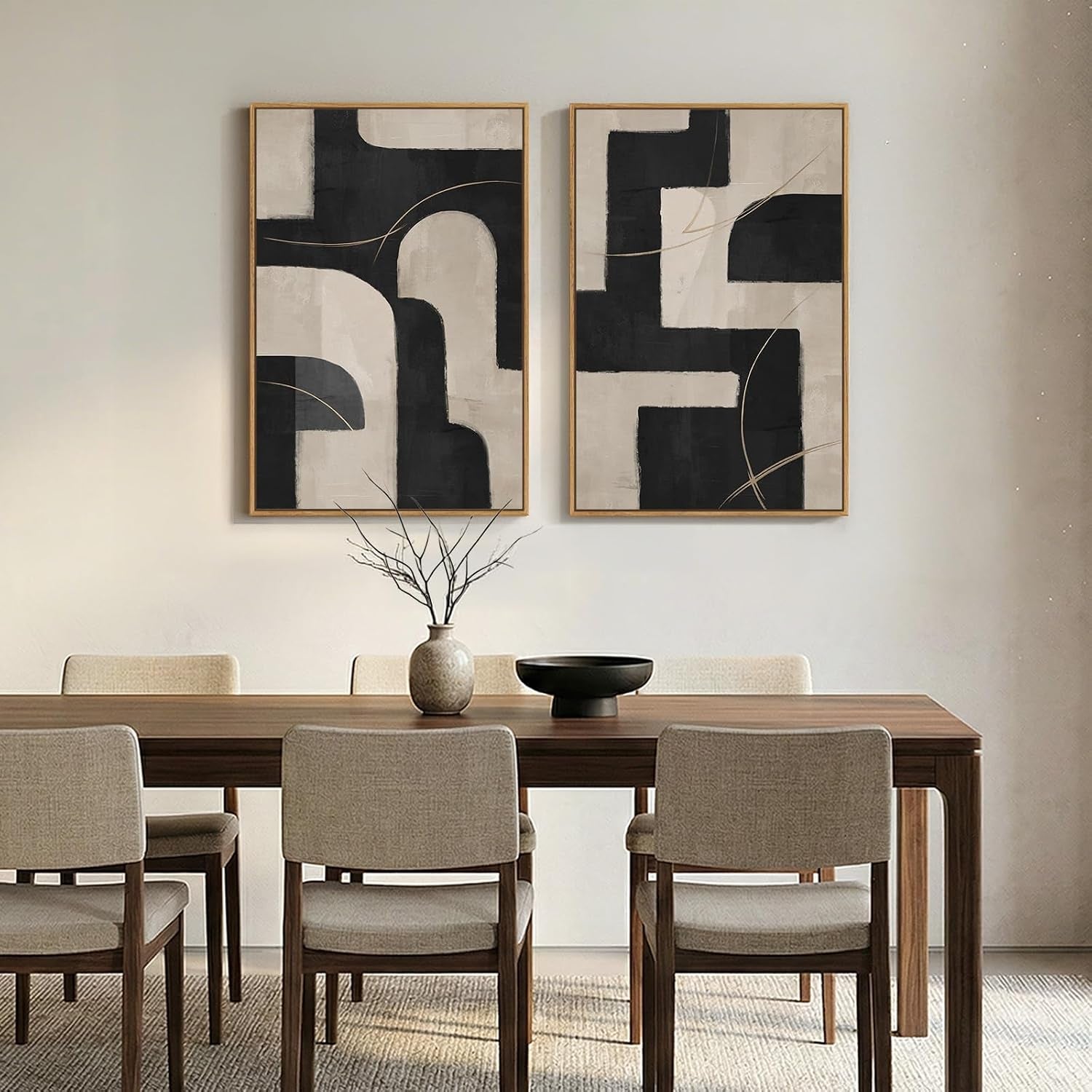 Large Framed Neutral Black and Beige Abstract Wall Art Set of 2, 24X36 in | 2 Piece, Canvas Prints, Black Beige Paintings, Modern Minimalist Artwork, Geometric Pictures, Living Room Bedroom Wall Decor