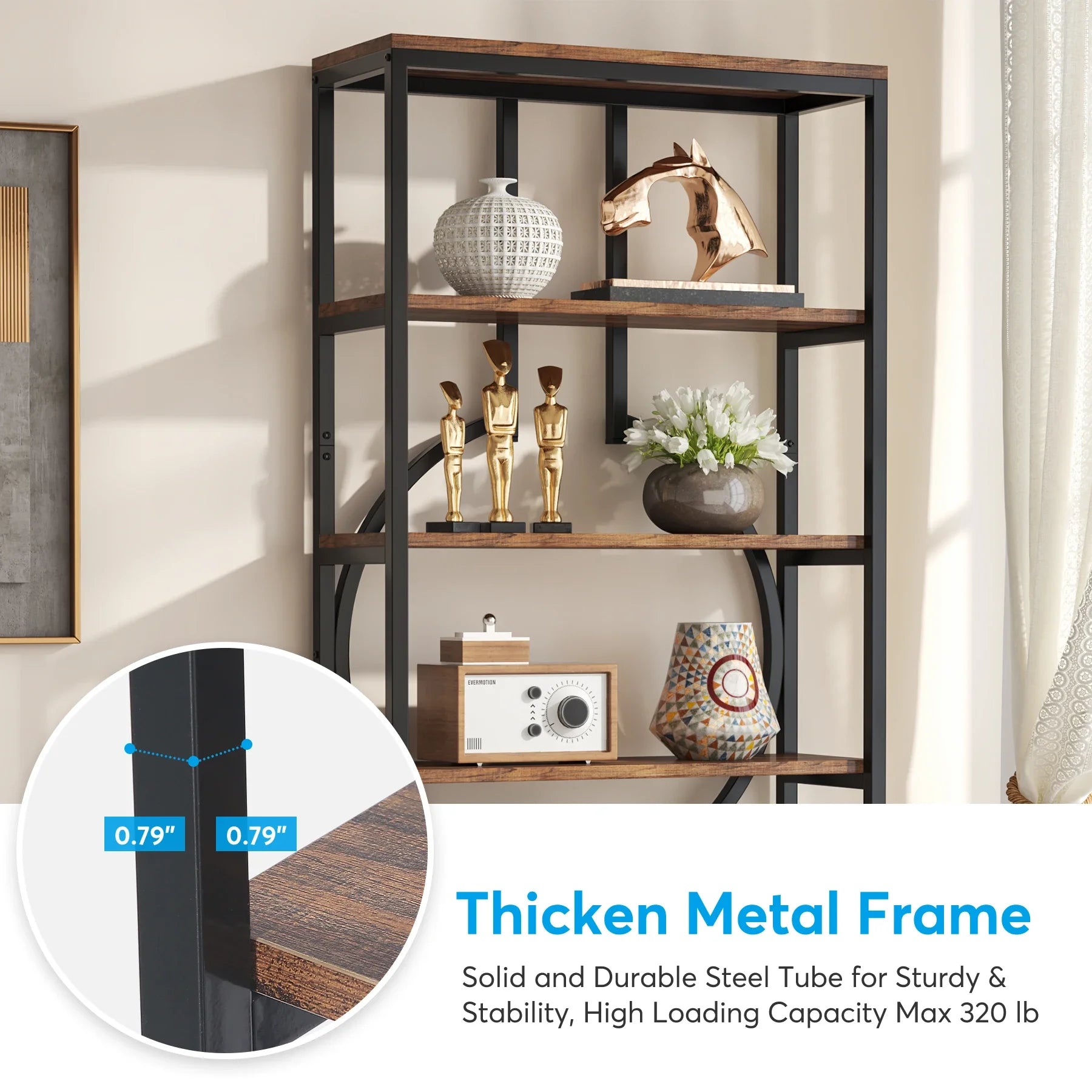 Industrial Bookshelf, Tall Bookcase with Open Shelves, Wood and Metal Display Shelf Storage Shelves