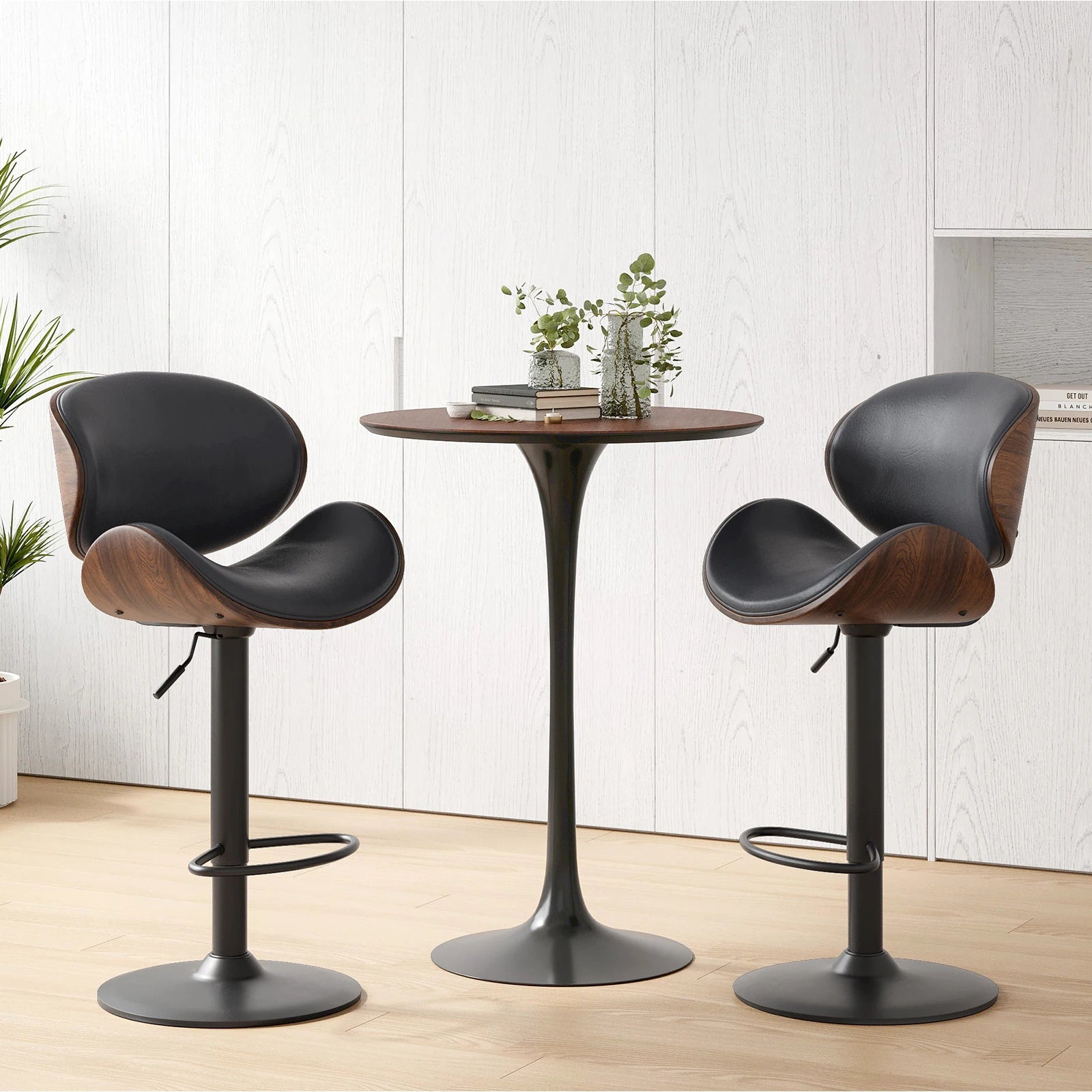 Set of 2 Swivel Bar Stools, Adjustable Height Bentwood Barstools with Backrest & Footrest, Modern Kitchen Counter Chair for Home Bar, Island