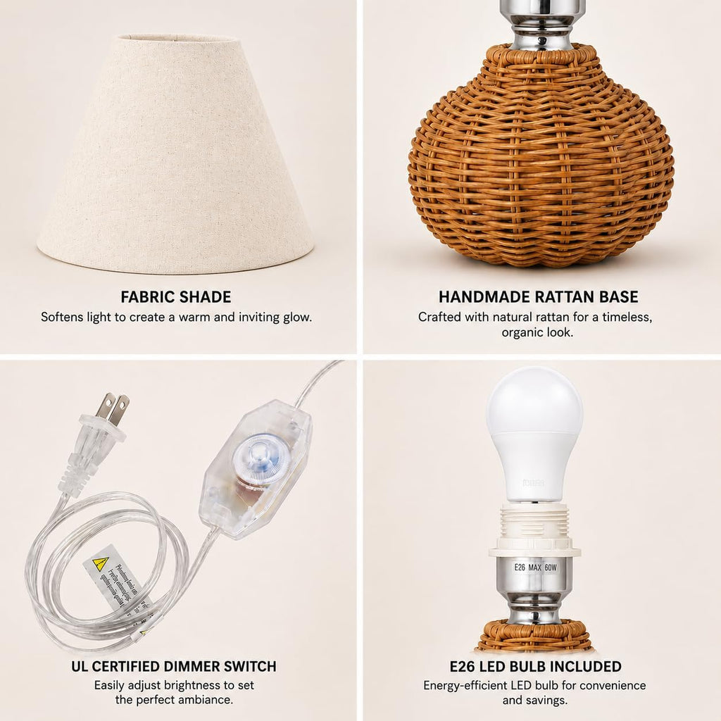 11" Small Mini Wicker Table Lamp, Dimmable Rattan Bamboo Lamp with Off-White Fabric Shade, Boho Accent Light for Nightstand, Nursery, Small Spaces, Kitchen Counter, Bookshelf