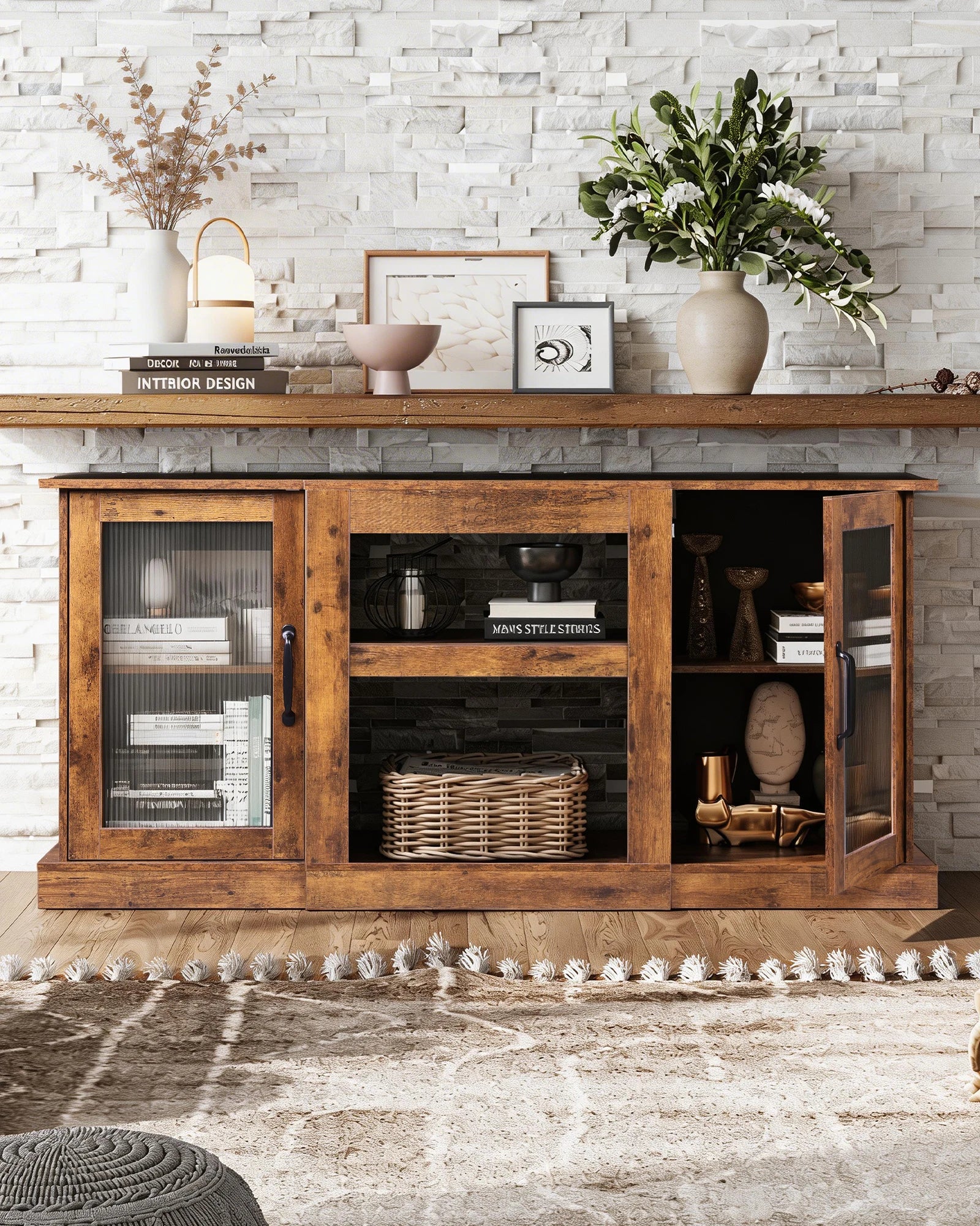 58" Farmhouse TV Stand for 65 Inch TV, Tall Entertainment Center with Storage Cabinets & Adjustable Shelves, Modern Media Console Table with Acrylic Doors for Living Room Bedroom