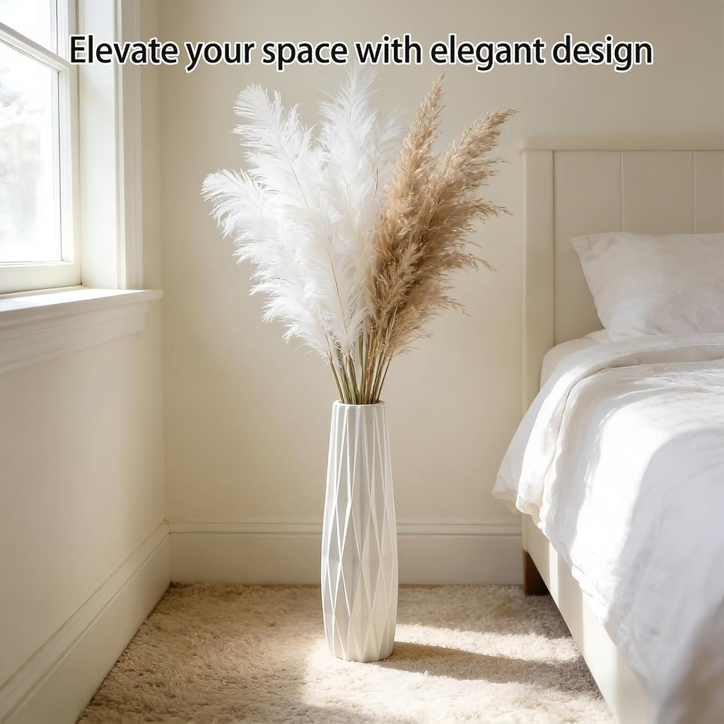White Tall Ceramic Floor Vase, 15.7 Inch, Ribbed Design | Glossy Glazed Finish, Narrow Corners, Entryway, Bedroom, Compact Spaces