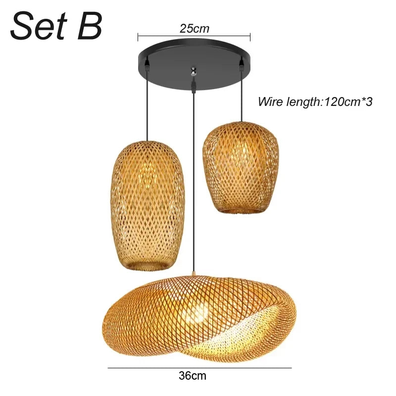 3 Pcs Lustre Rattan Wicker Lamp Shade Pendant Light Bamboo Ceiling Chandelier Set Suspended Luminaire Handmade Home Room Decor