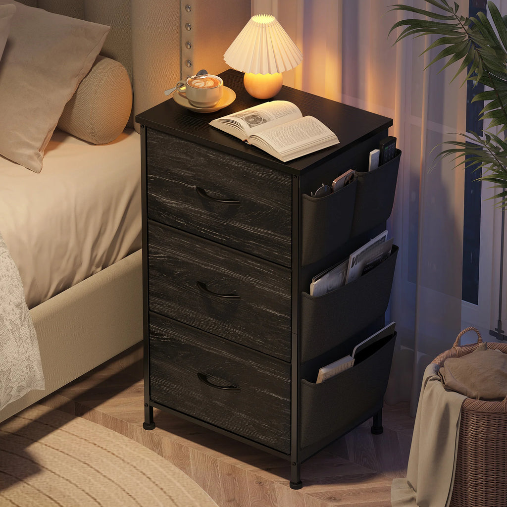 Set of 2 Nightstands, Metal Wood Storage Dresser with 3 Fabric Drawers & Side Storage Pockets for Bedroom, Closet, Hallway, Entryway