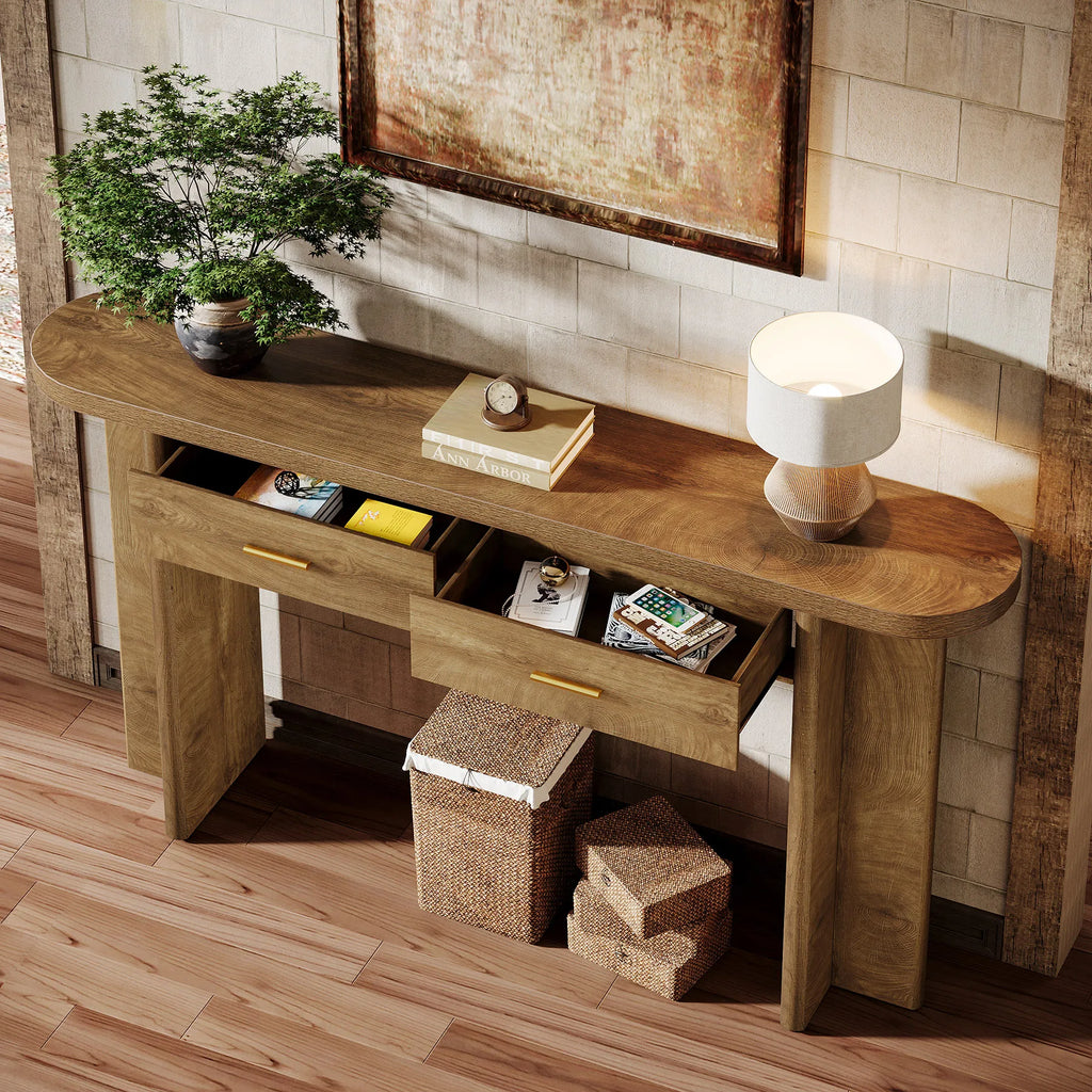 63-Inch Console Table with 2 Drawers, Farmhouse Oval Curved Entryway Table with Storage for Living Room, Hallway, Entrance, Brown