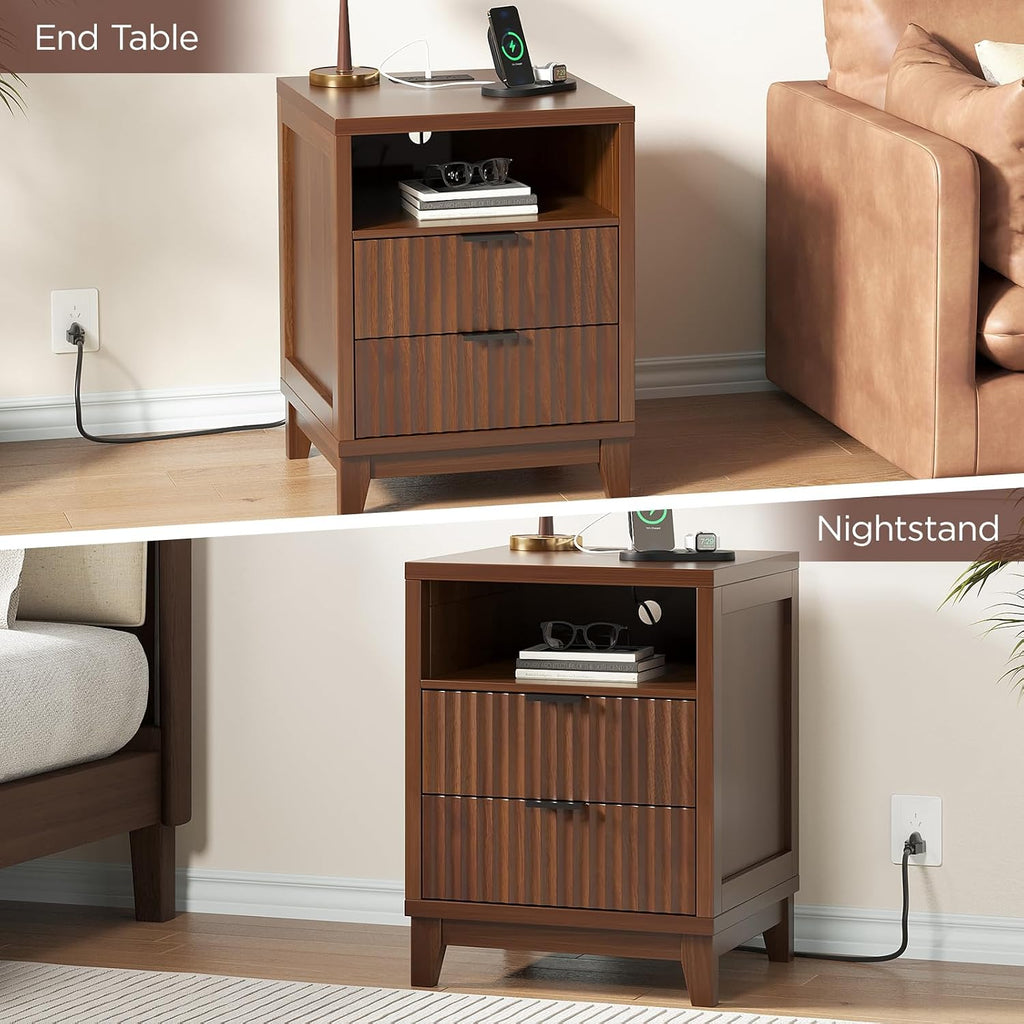 Fluted Nightstand with Charging Station, Modern Night Stand with 2 Slide Drawers and 1 Open Shelf, Walnut End Table with Metal Handles, Bedside Table for Bedroom, 17.7 X 17.7 X 23.6In