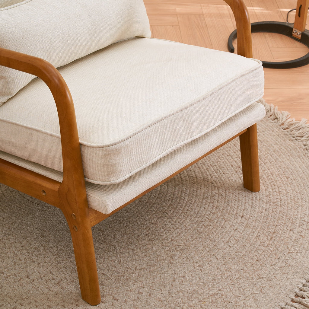 Modern Arm Chair Linen Fabric Upholstered Comfy Reading Accent Chair with Solid Wood Frame Beige