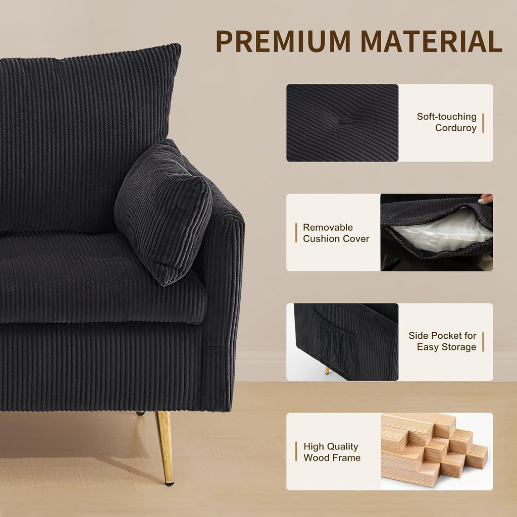 2 Seater Loveseat with Storage, 61" Corduroy Couch for Small Living Room, Bedroom, Tiny Homes & Lofts, Black