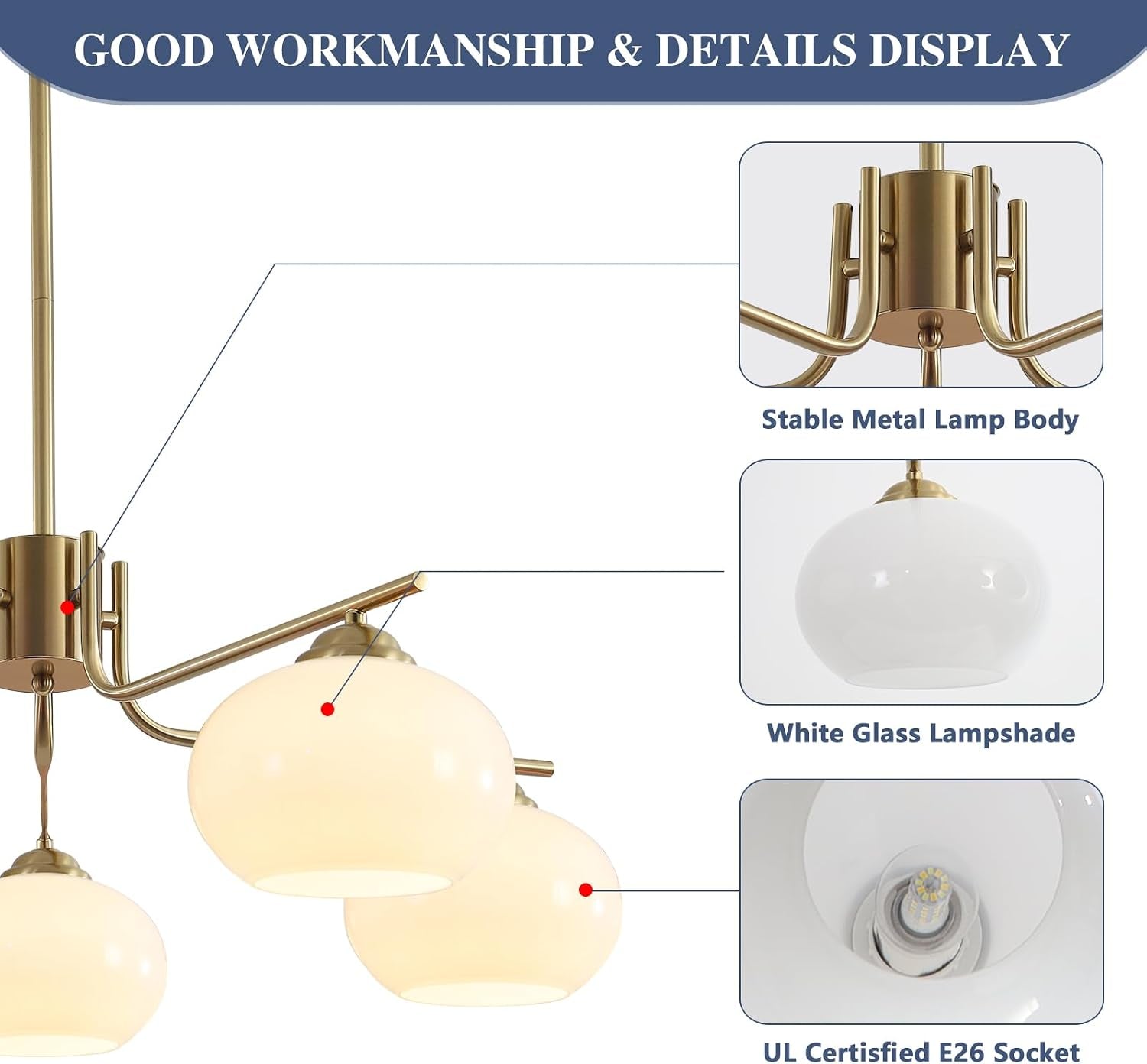 5-Light Brushed Brass Gold White Milk Glass Globe Sputnik Chandelier | 7.1” Shade, Adjustable Height, Mid Century Modern Ceiling Pendant Light Fixture for Dining Room Kitchen Living Room Bedroom