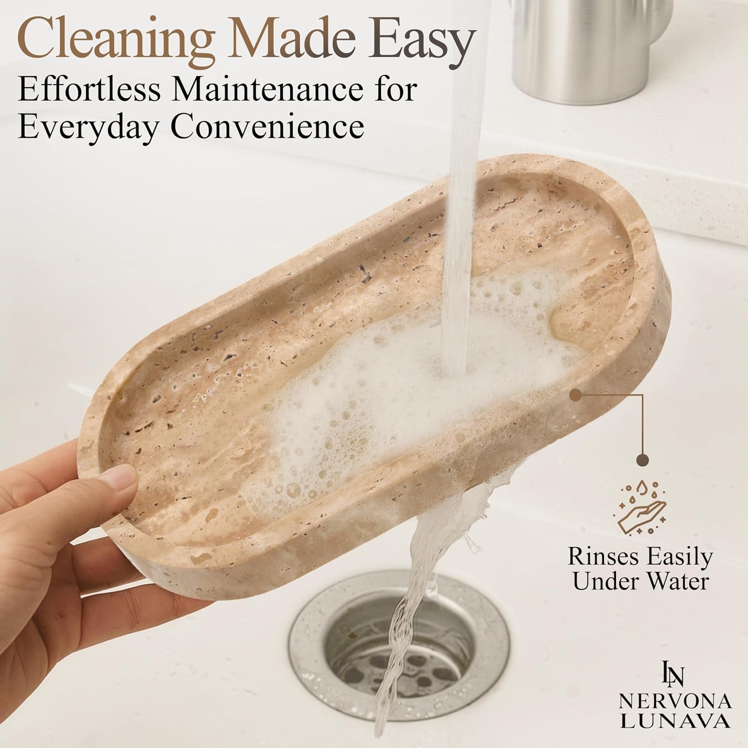 LUNAVA Travertine Tray for Bathroom Counter – Marble Tray for Kitchen Counter, Hand-Polished Natural Stone Caddy for Vanity, Sink, or Dresser, 9.8"X4.7"In, Beige