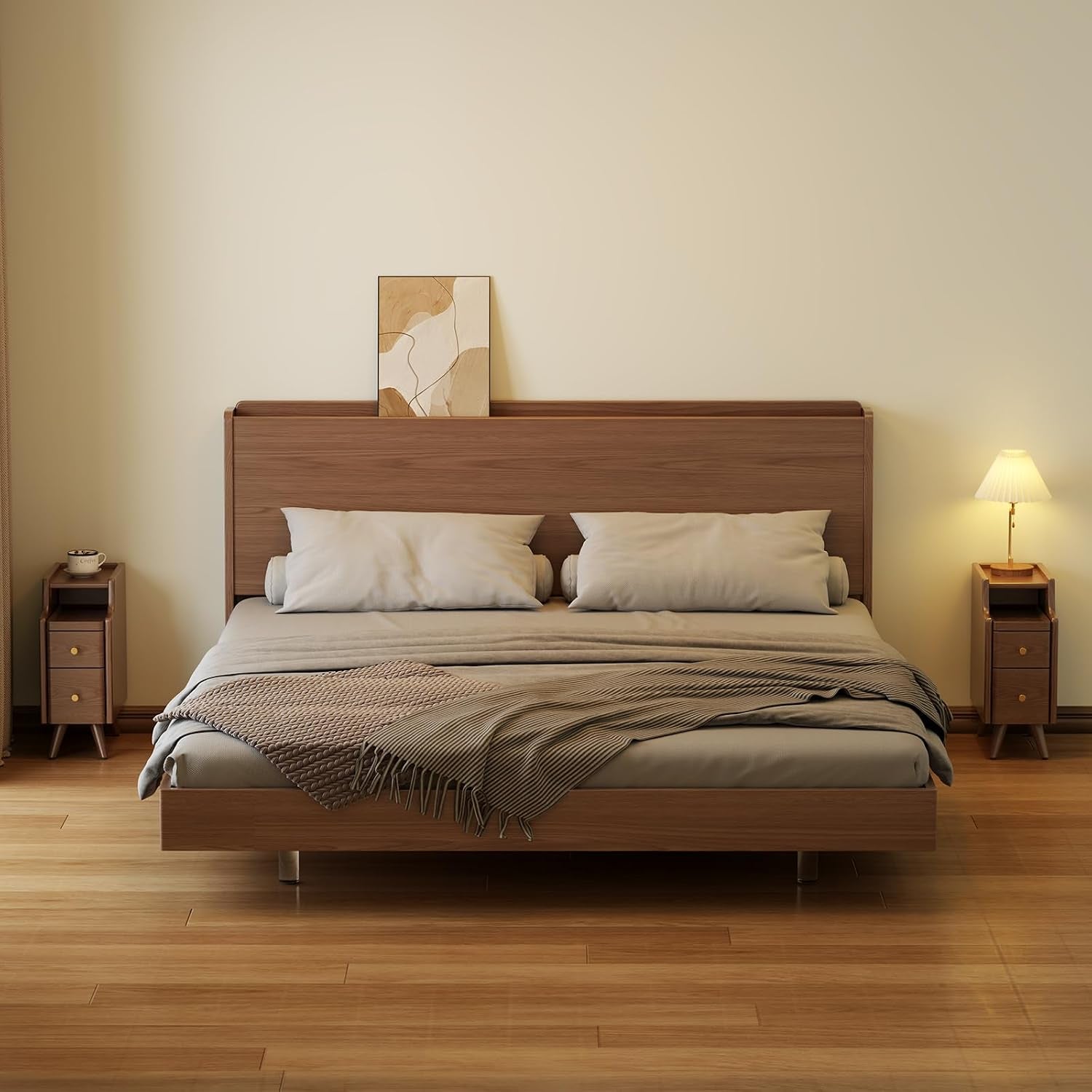 Narrow Nightstand with Drawers, Wood Bedside Table, Small Walnut Nightstand Set of 2