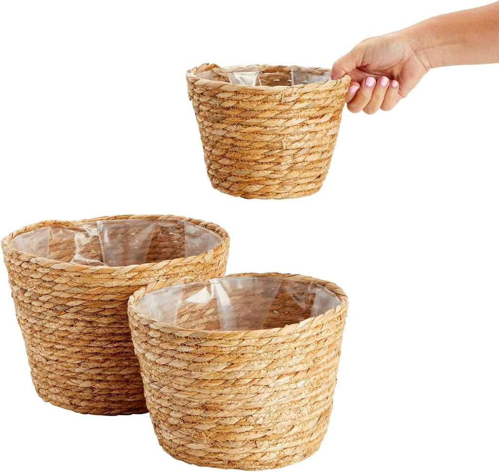 Seagrass Indoor Planter Set with Plastic Lining, 3 Small Woven Wicker Baskets for Plants, Flower (3 Sizes)