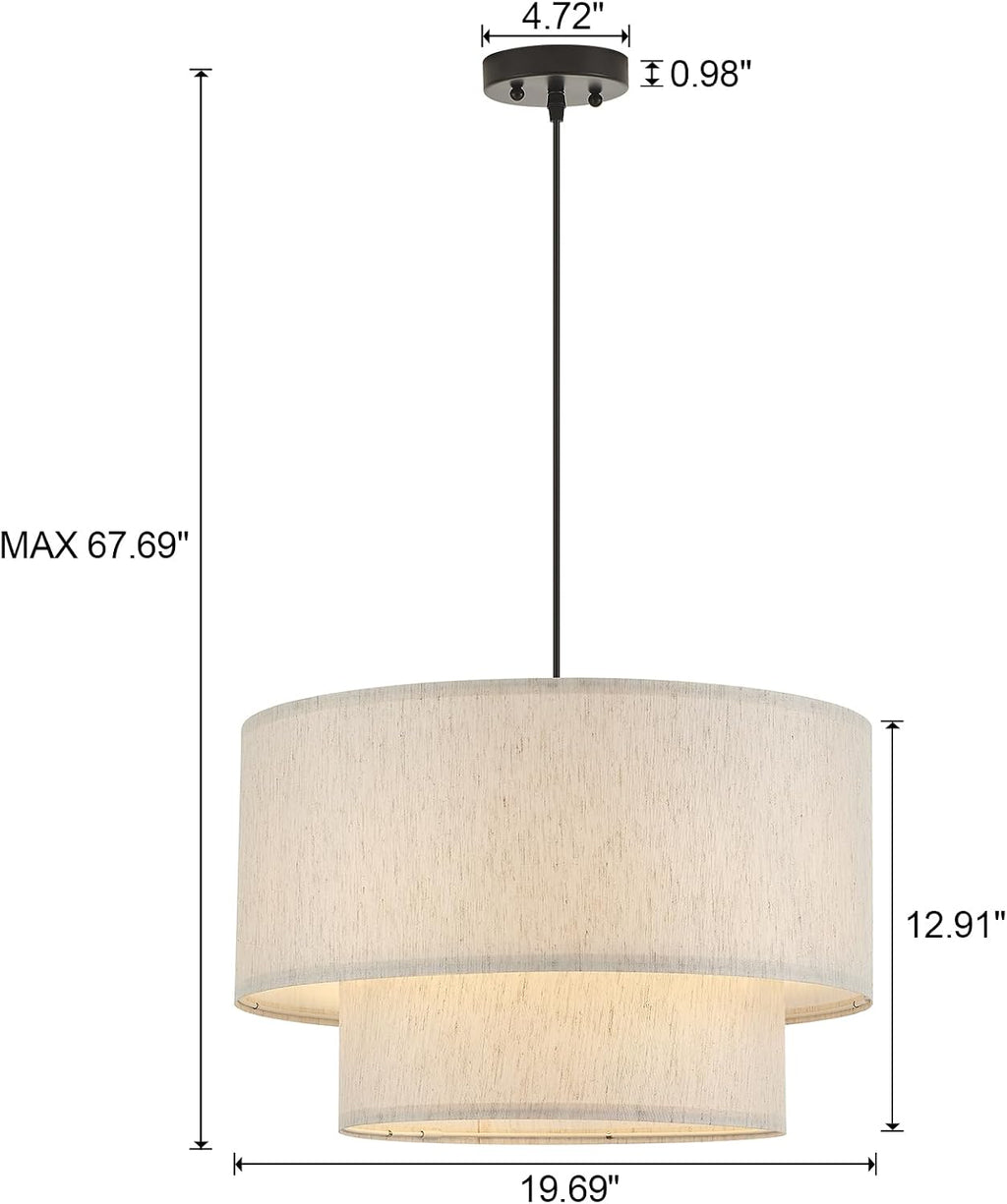Drum Fabric Pendant Light Farmhouse White Chandelier Double Drum Shade Hanging Ceiling Light Fixture 3 Lights Linen for Bedroom Dining Room Living Room Entryway
