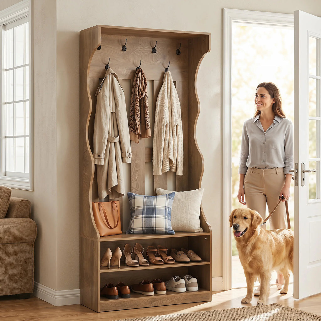 3-In-1 Coat Rack with Shoe Bench, 70.9" Tall Hall Tree with 7 Hooks, Farmhouse Entryway Coat Rack with 2 Tier Shoe Storage for Entryway, Living Room, Bedroom, Brown